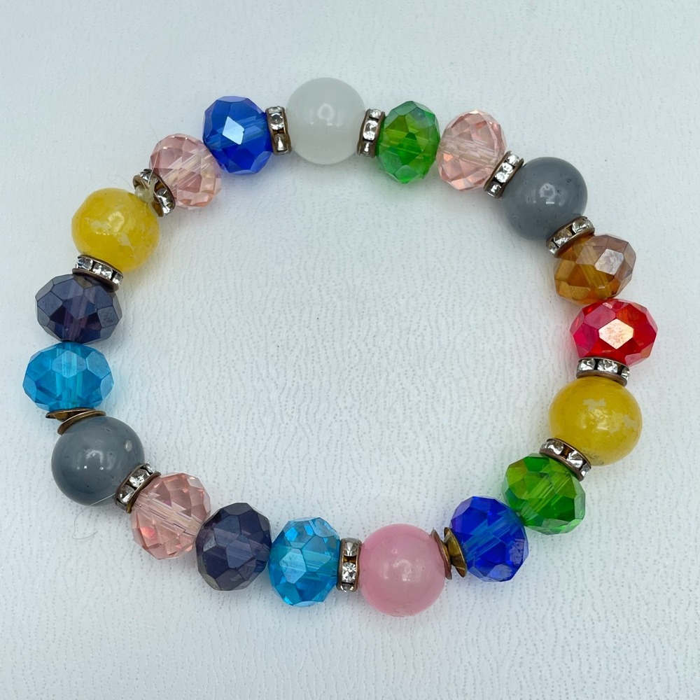 Multicolor Faceted Crystal Glass Beaded Rhinestone Embellished Stretch Bracelet